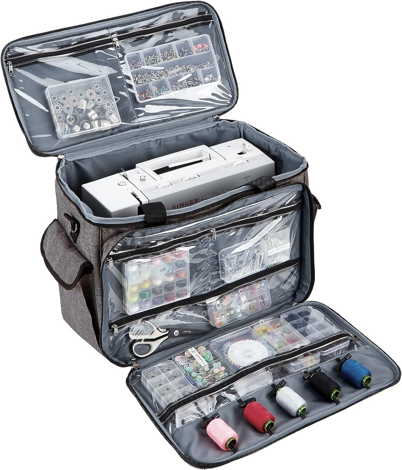 Sewing Machine Carrying Case with Multiple Storage Pockets, Universal Tote Bag with Shoulder Strap Compatible with Most Standard Singer, Brother, Janome, Grey (Patent Design)