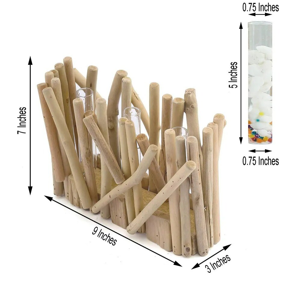 NATURAL 7&#x22; tall Wood Rustic Stand Glass Tubes Flower Vase Holder