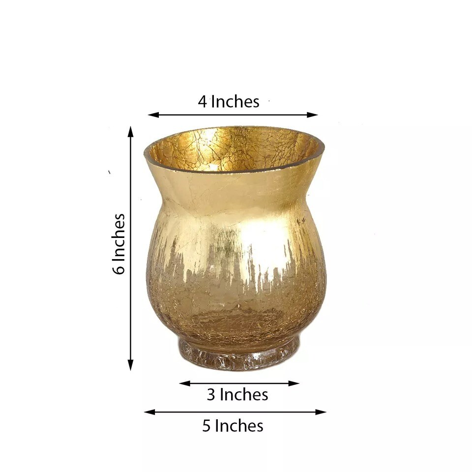 4 GOLD 6&#x22; tall Crackle Glass Candle Holders Vases