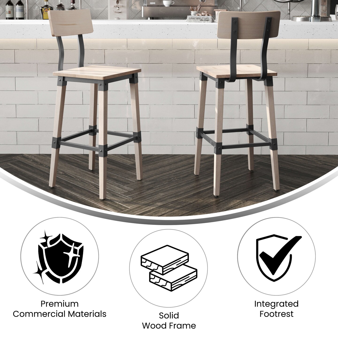 Merrick Lane Breton Bar Height Dining Stools with Steel Supports and Footrest - Set Of 2