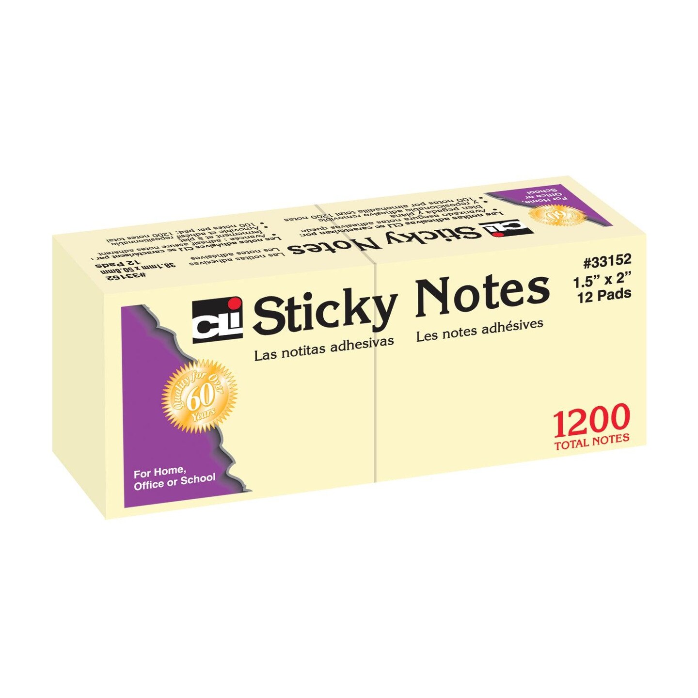 Sticky Notes, 1 1/2&#x22; x 2&#x22;, Plain, 100 Sheets/Pad, 12 Pads/Pack, 12 Packs