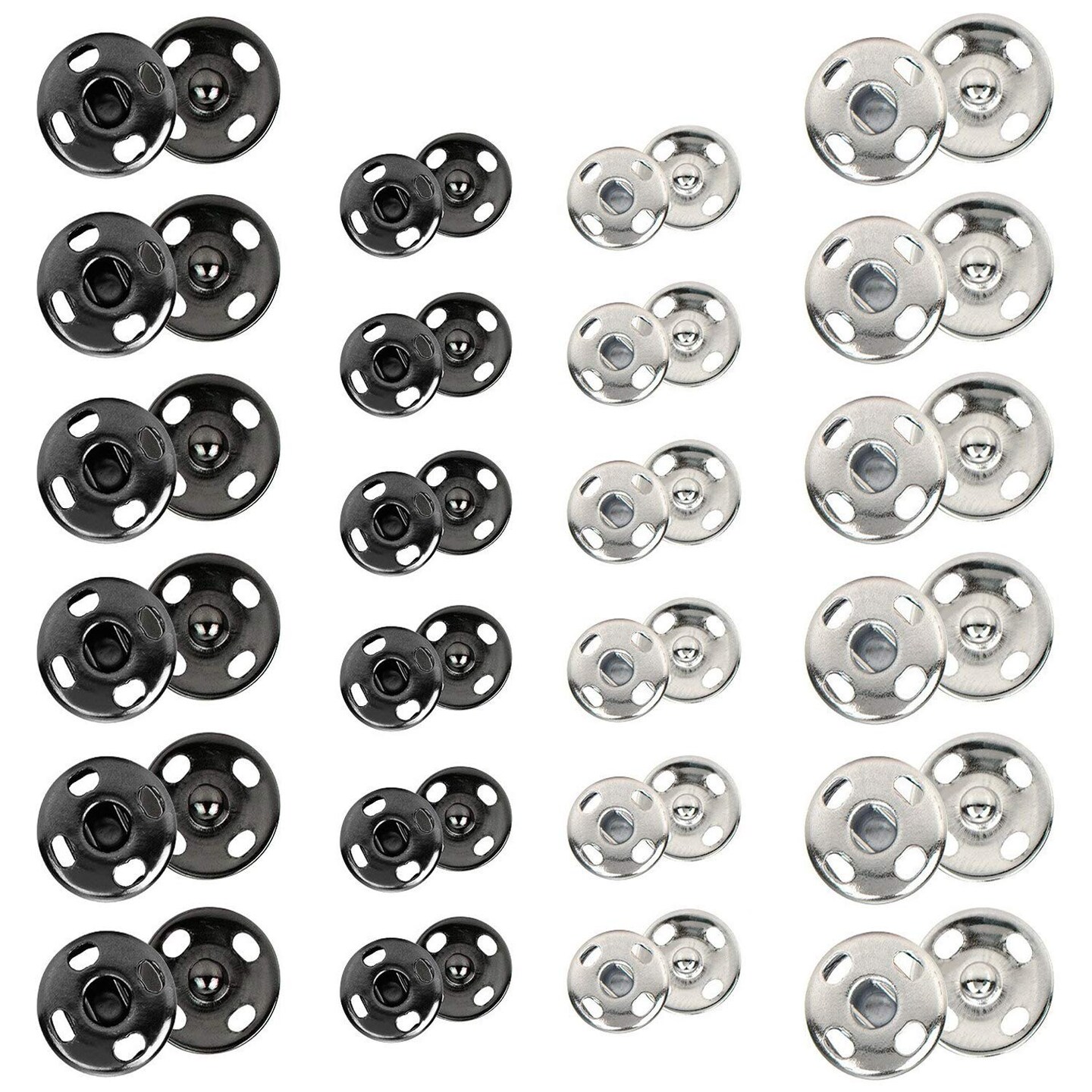 120 Sets Sew-on Snap Buttons Metal Snaps Fasteners Press Studs Buttons for Sewing, 8 mm and 10 mm,Black and Silver