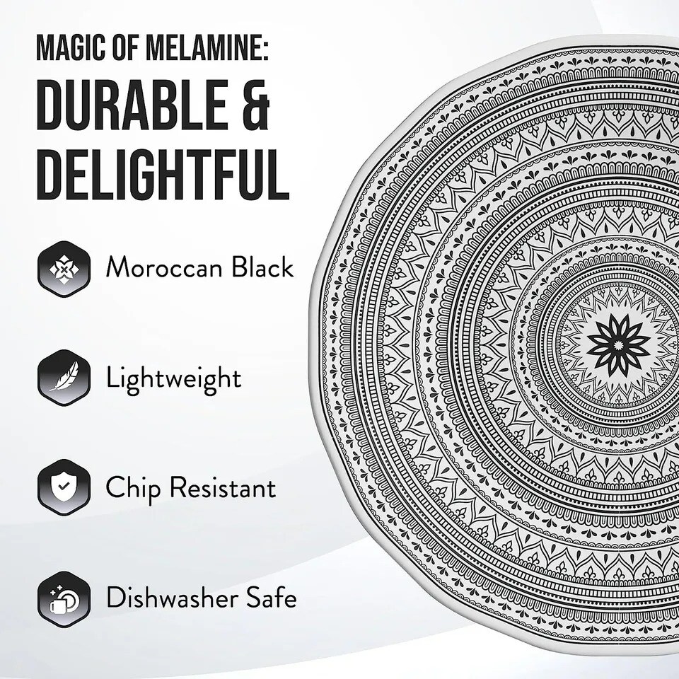 American Atelier Melamine Plates Set Of 4 9-Inch - Moroccan Black/White Design