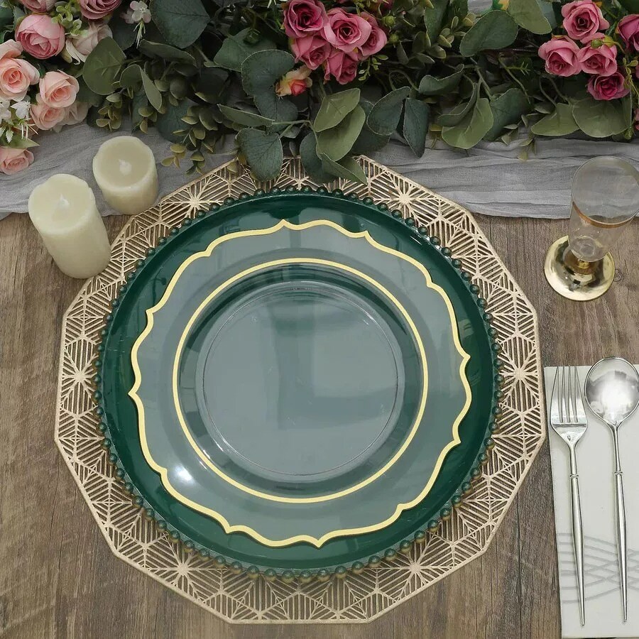 6 Hunter Green 12&#x22; Round Beaded Rim Charger Plates