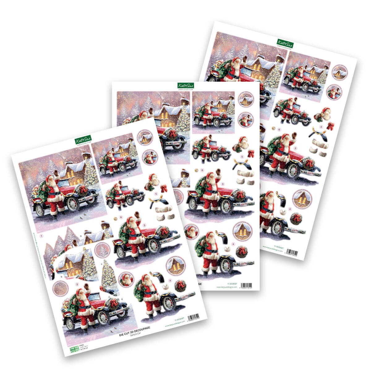 Katy Sue Die Cut Decoupage &#x2013; Santa&#x27;s Car (Pack Of 3)