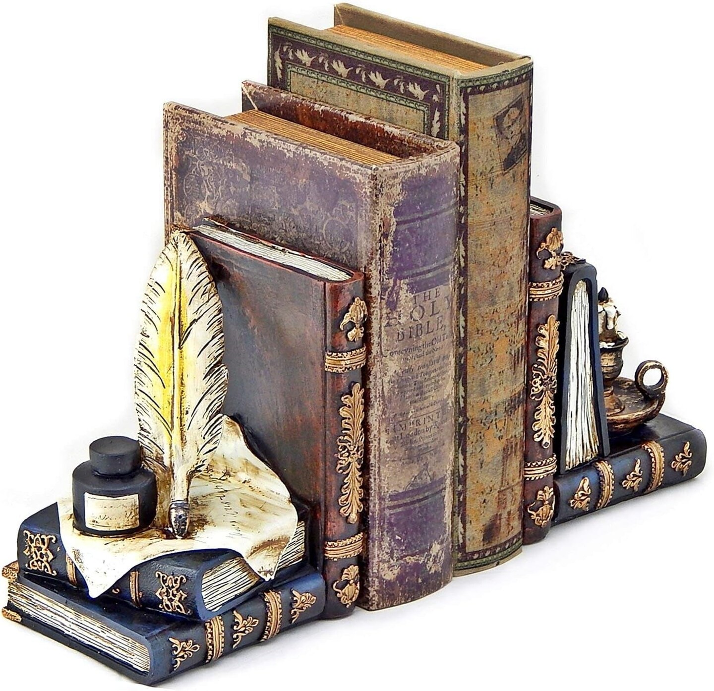 Vintage Bookends Wizard Feather Quill Pen and Ink Bottle with Oil Lamp Antique Style Farmhouse Cottage Lodge Magic Home Decor