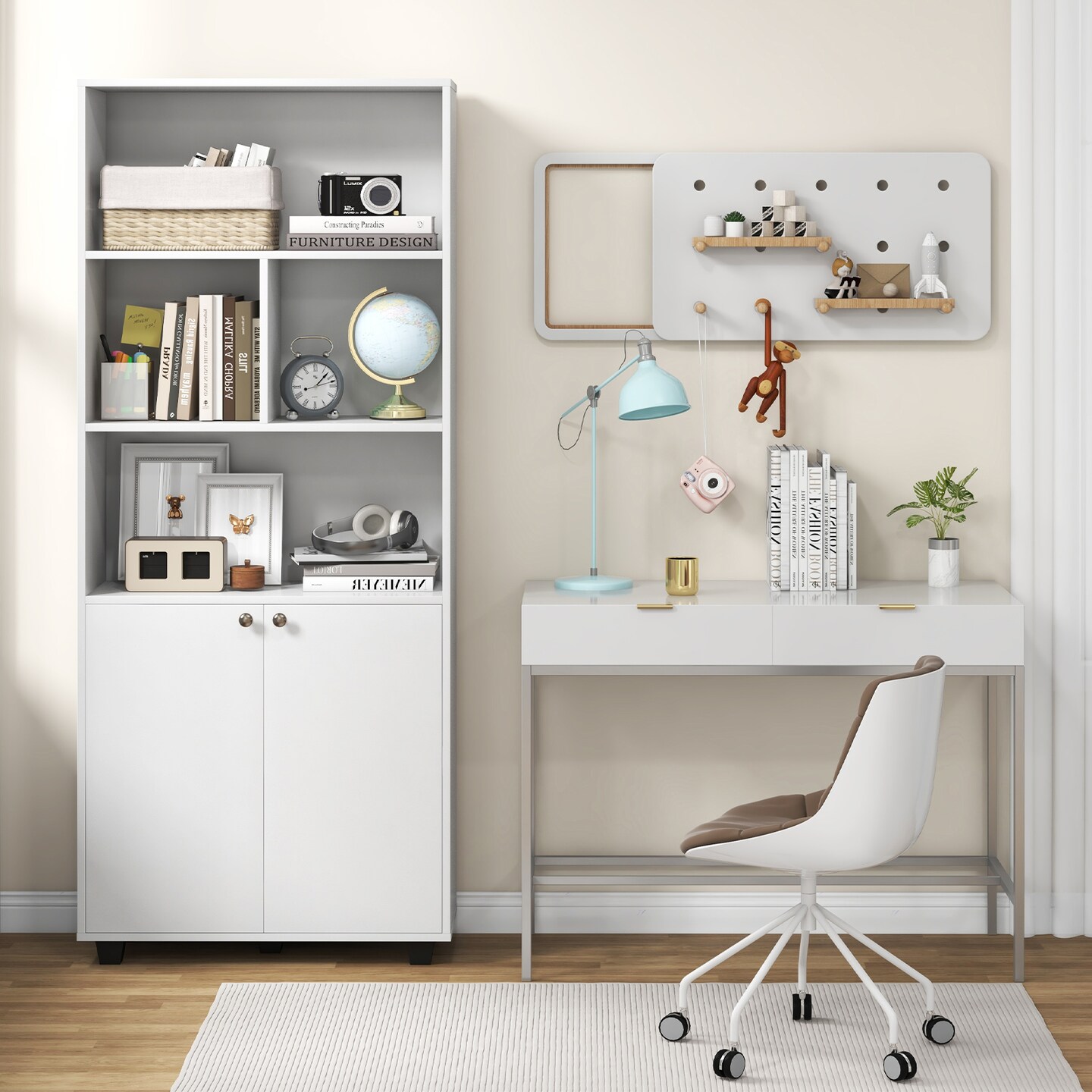 66 Inch Tall Double-door Bookcase With Adjustable Shelf And Storage Cubes-white