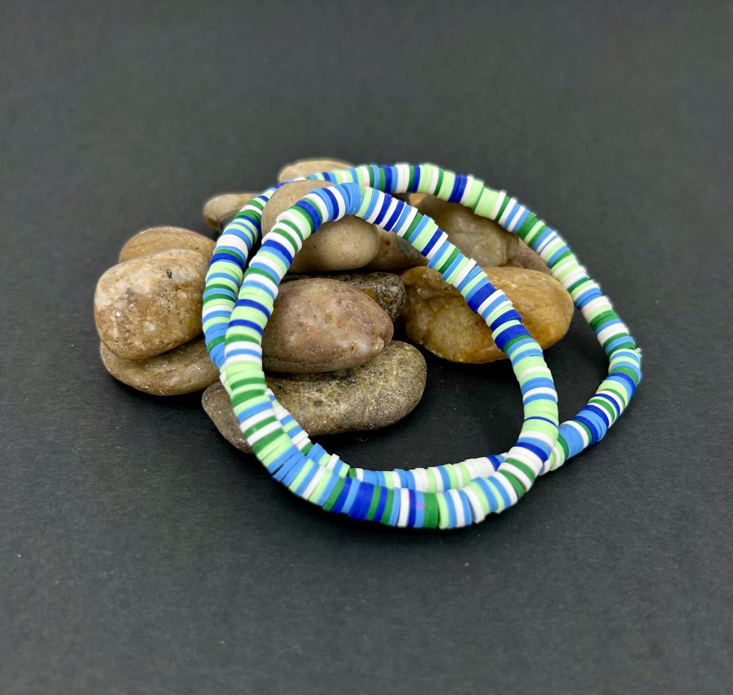 Copy-Light Green, Dark Green, Blue, and White Heishi Clay BRACELET
