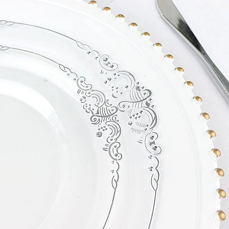 10 CLEAR SILVER 10&#x22; Round Plastic Salad Dinner PLATES Embossed Baroque Rim