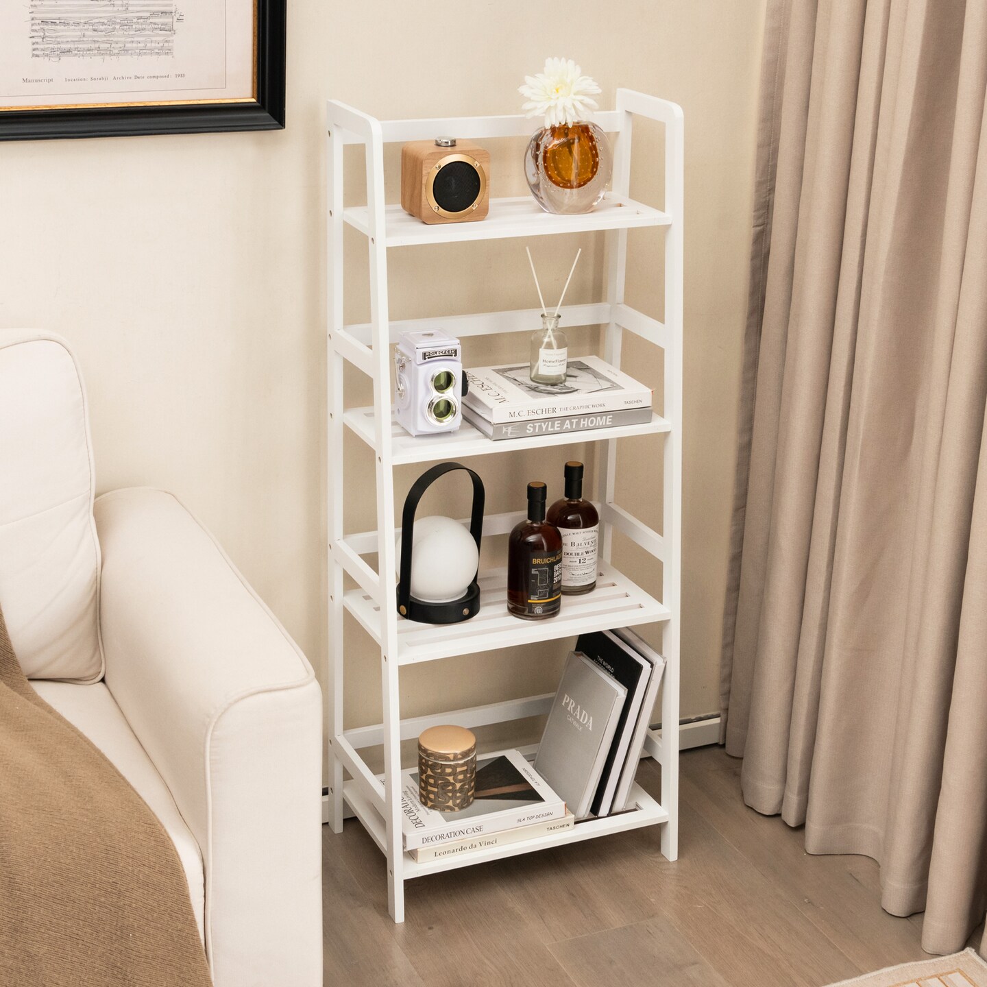 47.5 Inch 4-tier Multifunctional Bamboo Bookcase Storage Stand Rack-white