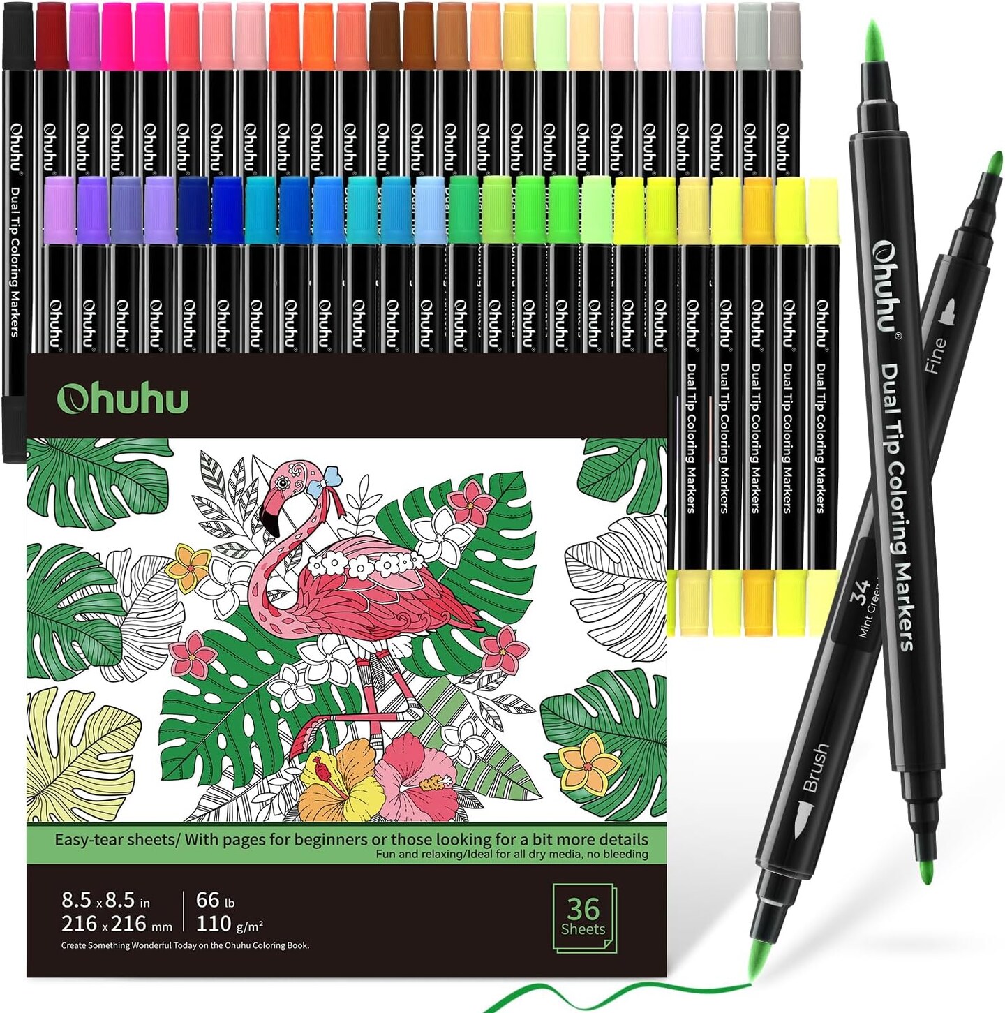 Ohuhu Markers Brush Tip 48-colors with 36-sheet Coloring Book - Double Tipped Markers for Adults Coloring Books - Art Marker Set Bundles with 100% Bleed-proof Coloring Pages - Fine &#x26; Brush Dual Tips