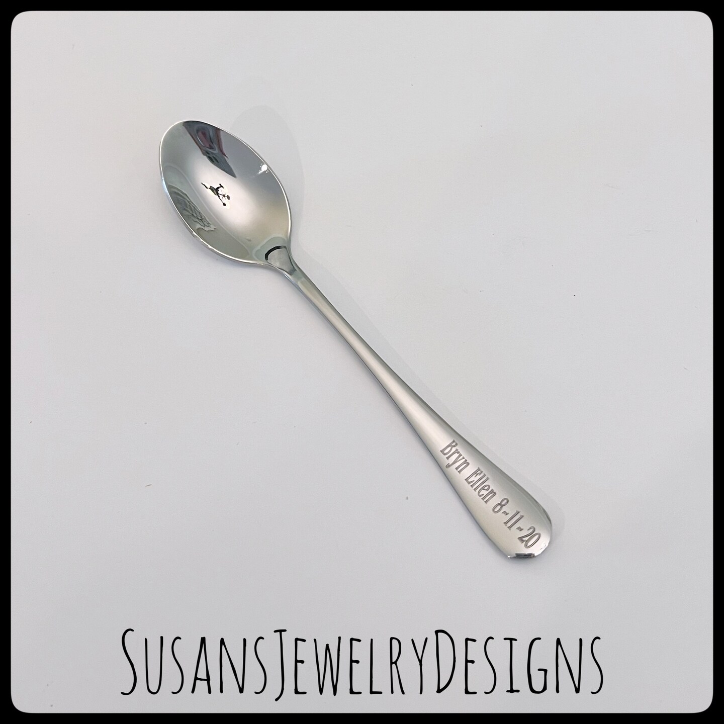 Engraved baby spoon, baby shower gift, new mom baby, name date spoon, personalized, custom wording, unisex, silver stainless steel, benguiat - image8