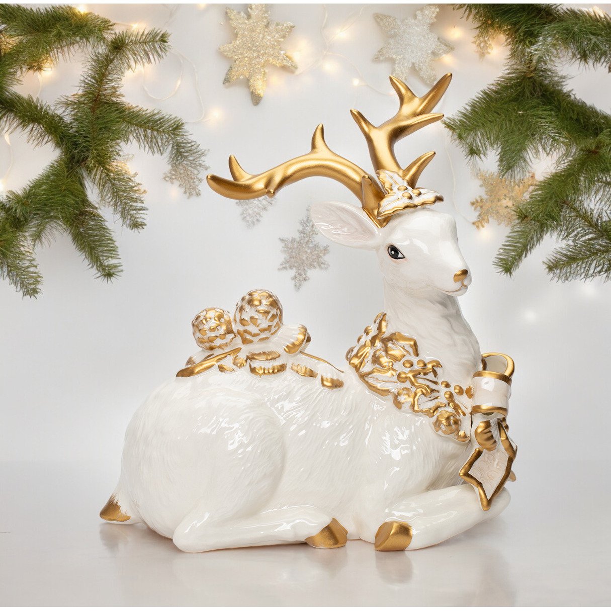 Ceramic Sitting Reindeer Gold Accent 9InDecorative