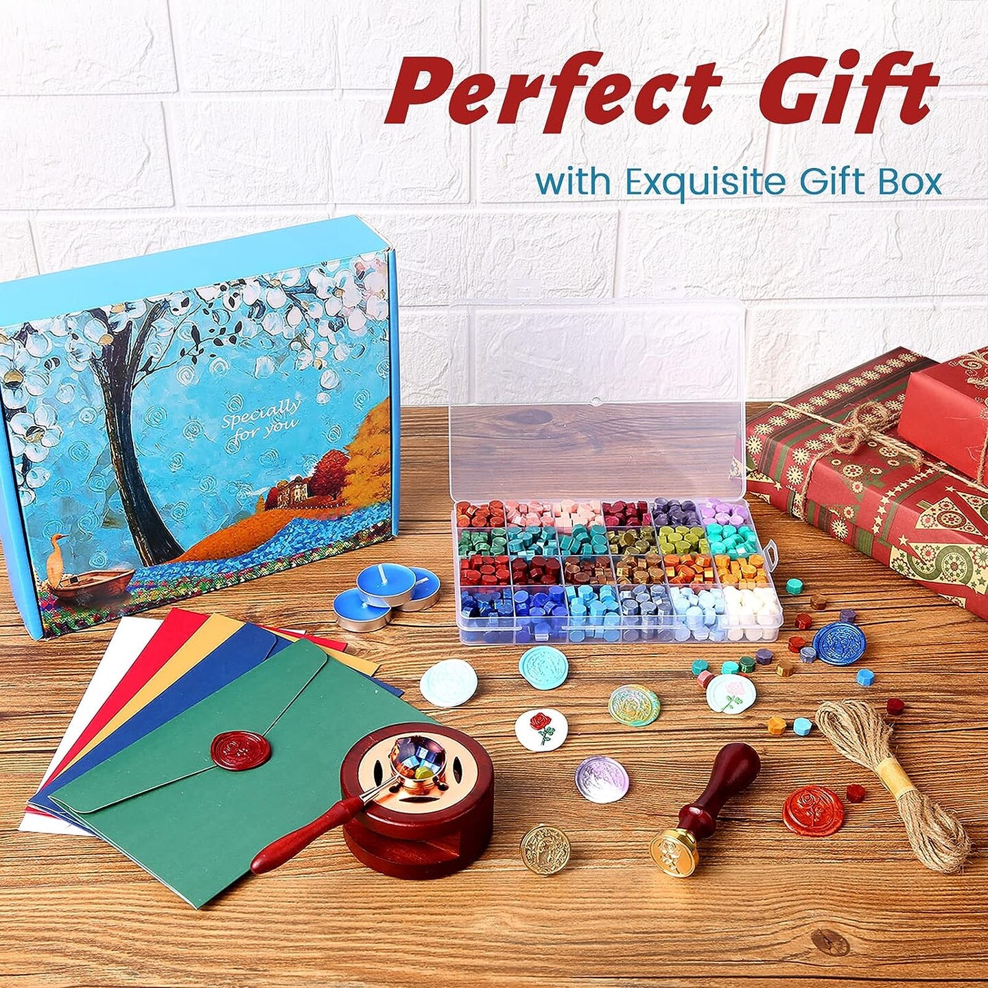 Wax Seal Kit with Gift Box, 624 Pcs Wax Seal Beads with 2 Pcs Wax Seal Stamps, Sealing Wax Warmer, Wax Seal Metallic Pen, Envelope, Candles, Wax Seal Stamp Kit for Gift and Craft
