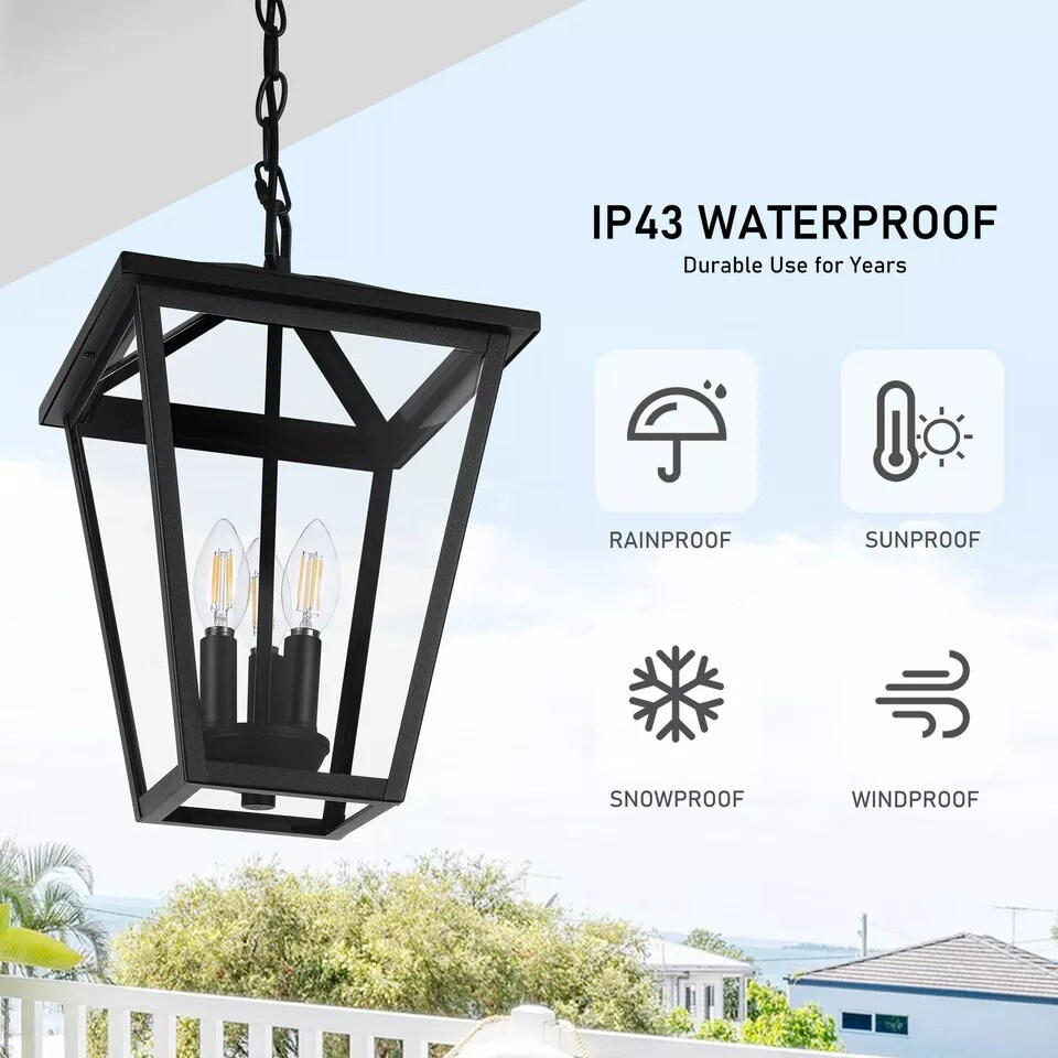3-Light Outdoor Pendant Light Metal Glass Outdoor Hanging Light Ceiling Mount