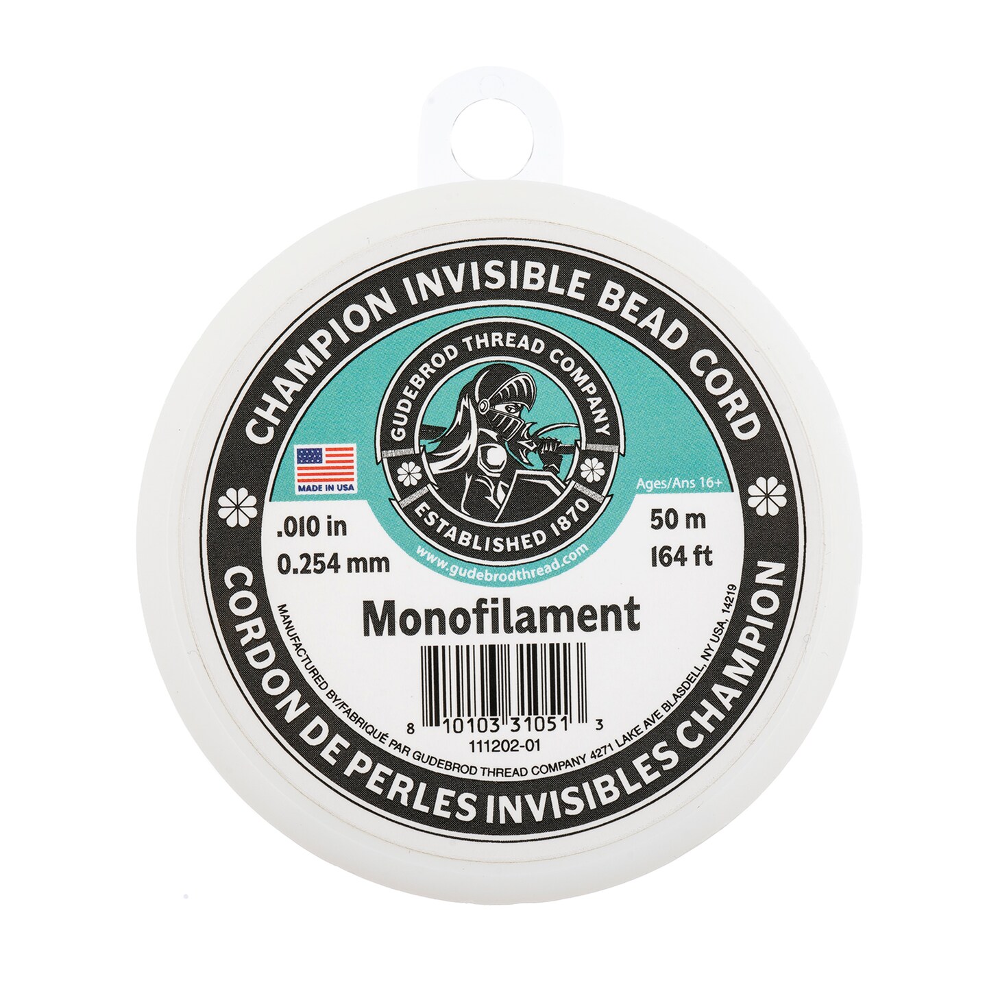 Gudebrod 0.01" Monofilament Champion Invisible Clear Cord | Made in USA
