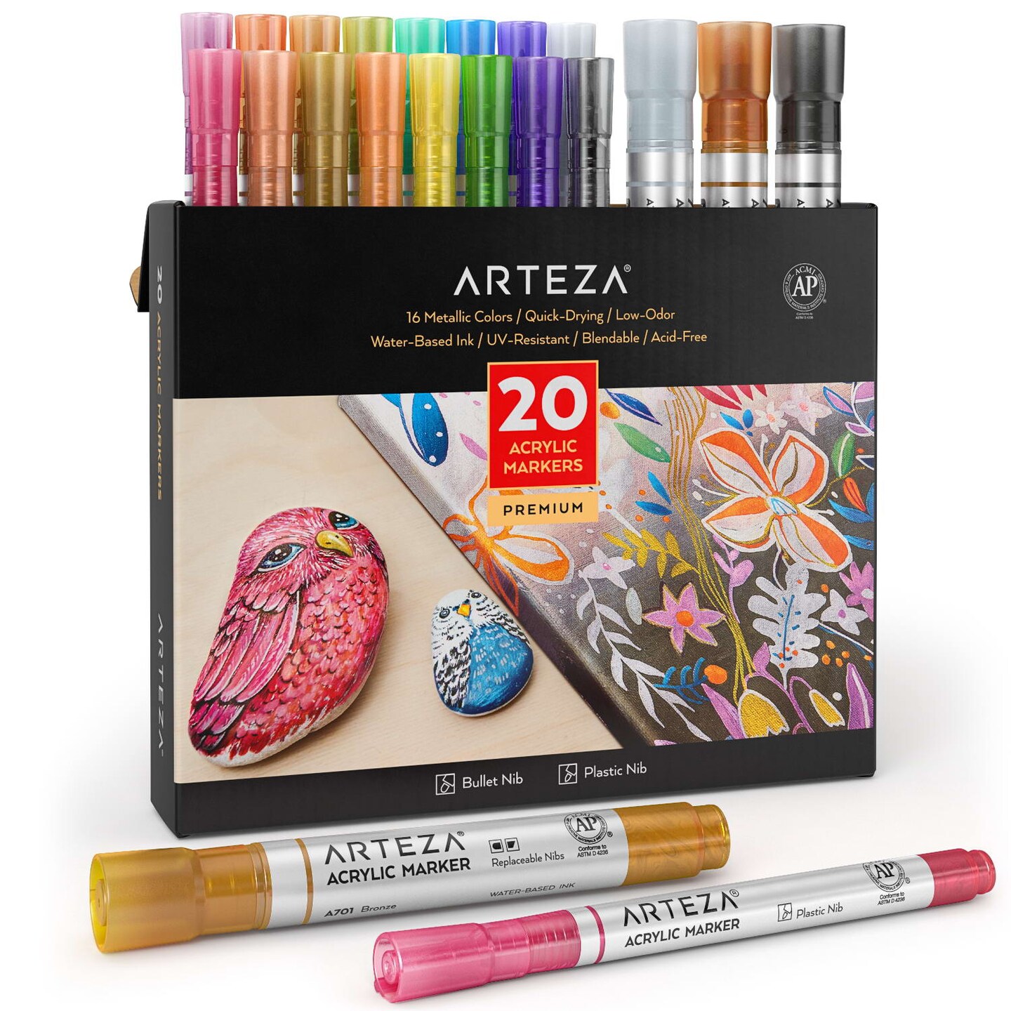 Arteza Metallic Acrylic Paint Markers Art Supply Set, 16 Colors - 20 Pack