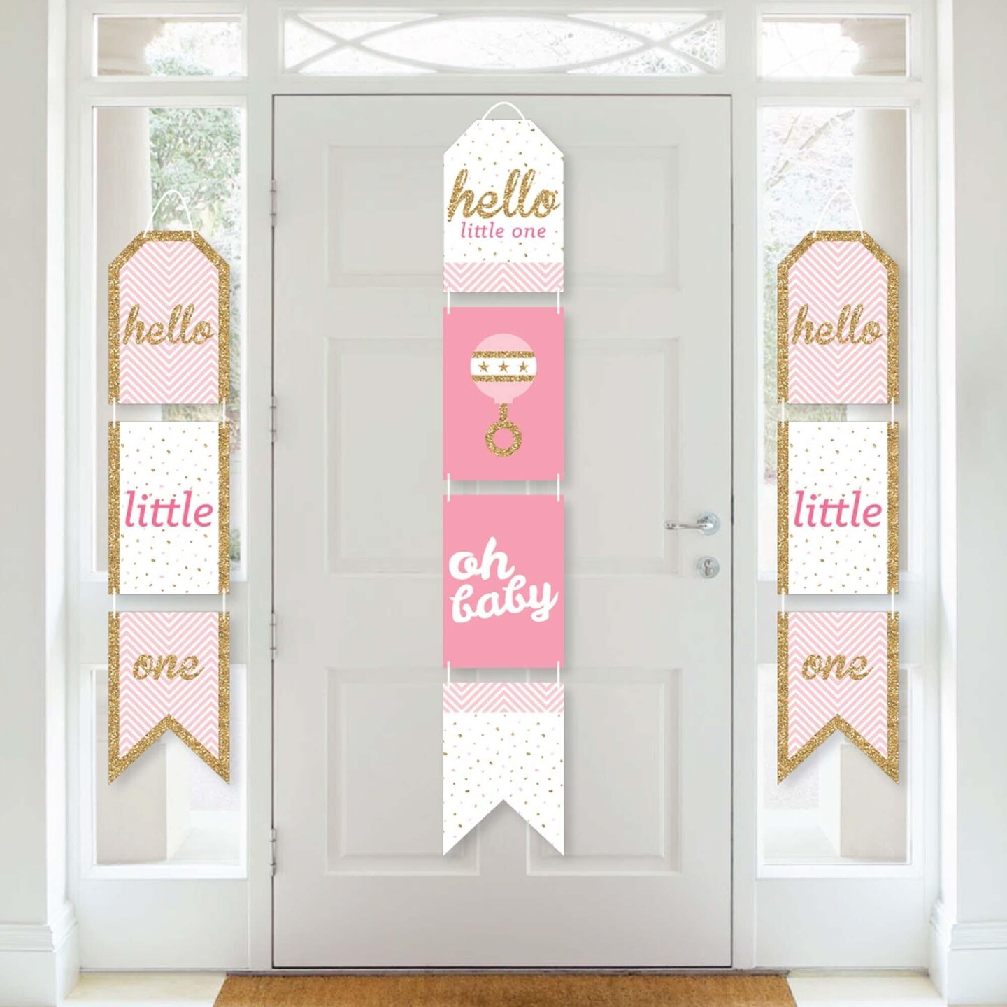 Big Dot of Happiness Hello Little One - Pink and Gold - Hanging Vertical Paper Door Banners - Girl Baby Shower Wall Decoration Kit - Indoor Door Decor