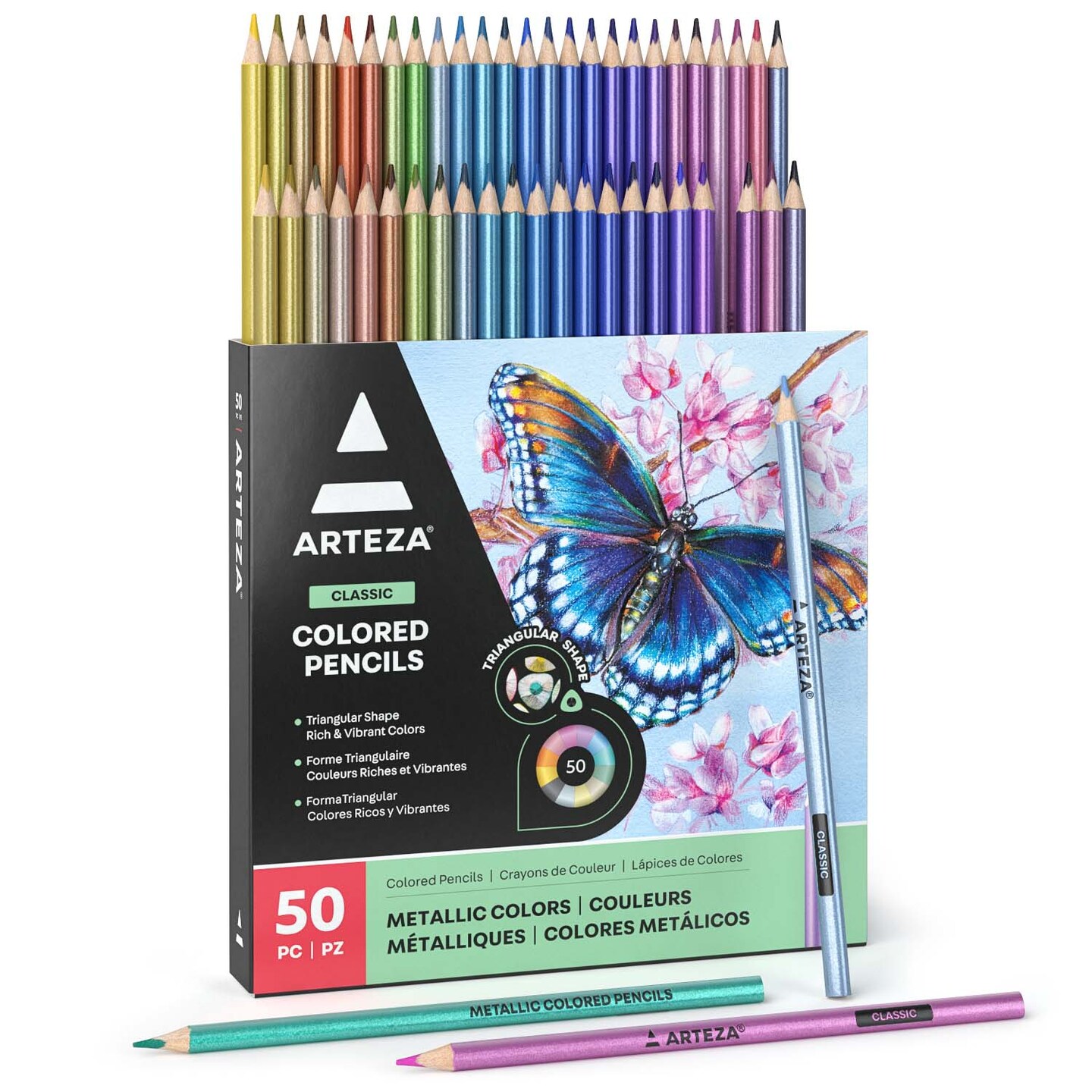 Arteza Metallic Colored Pencils, Set of 50, Triangular Grip, Pre-Sharpened Coloring Pencils, Art Supplies for Coloring and Drawing