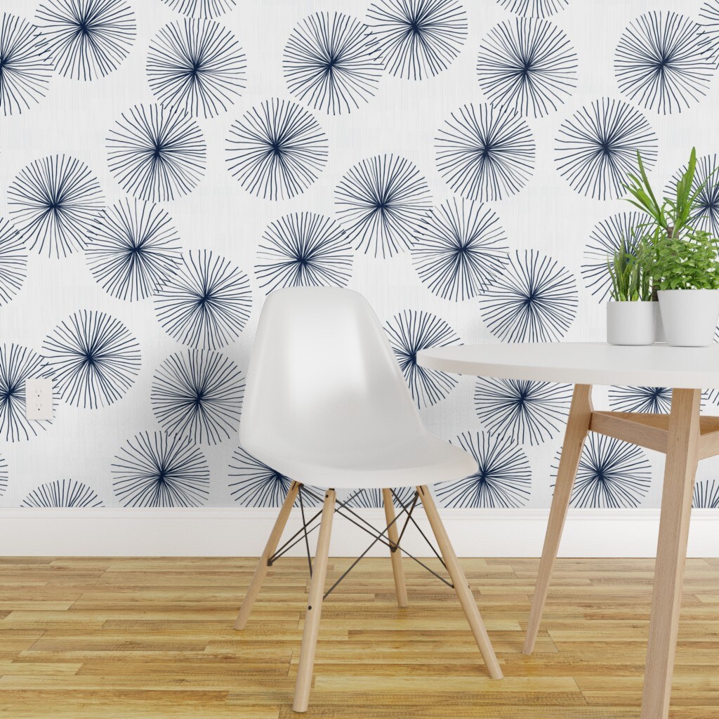 Pre-Pasted Wallpaper 2FT Wide Mid Century Midcentury Modern Dandelions White Navy Circle Minimalist Mod Neutral Custom Pre-pasted Wallpaper by Spoonflower