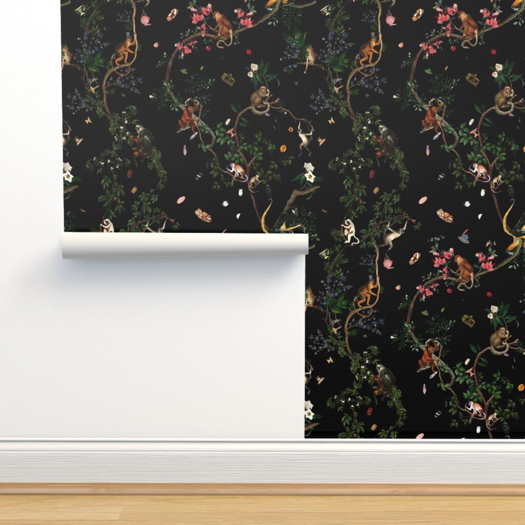 Exotic Monkey Jungle Forest Chinoiserie Black Green Floral Botanical Tropical Custom Removable Wallpaper by Spoonflower Peel & Stick Wallpaper 2FT Wide
