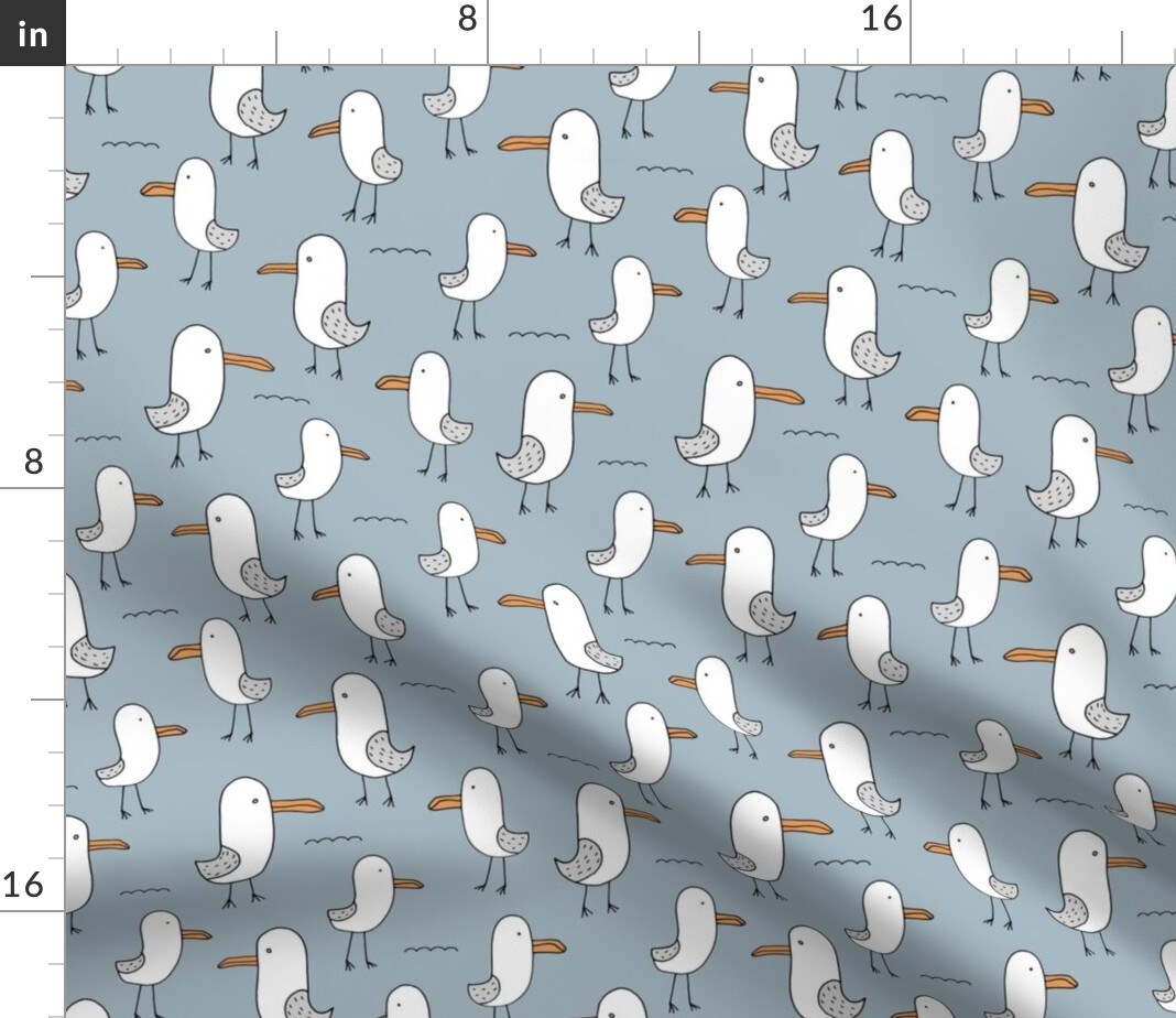 Seagulls Ocean Kids Summer Blue Orange Gray Birds Water Custom Printed Fabric by Spoonflower Various Fabrics by the Yard or Fat Quarter
