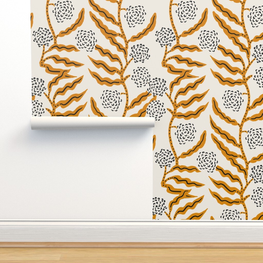 Boho Gold Floral Modern Botanical Mustard Garden Vine Abstract Custom Pre-pasted Wallpaper by Spoonflower Pre-Pasted Wallpaper 2FT Wide