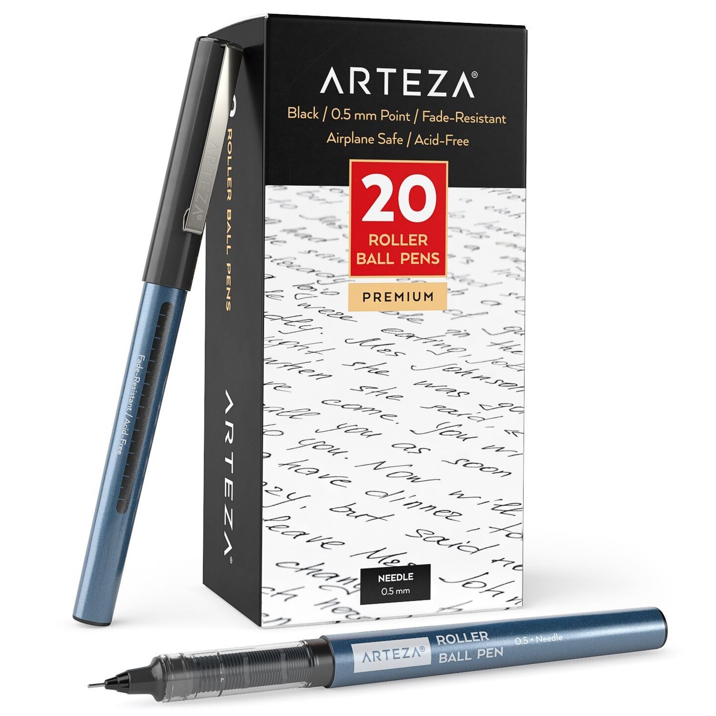 Arteza Roller Ball Pens, Black Ink, 0.5 mm Needle Point - 20 Pack