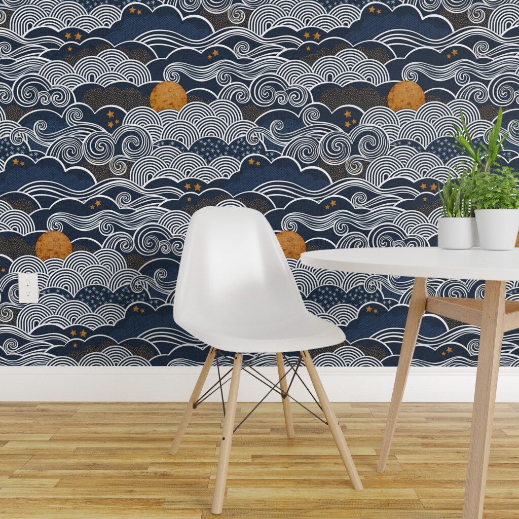 Pre Pasted Wallpaper 2ft Wide Night Sky Moon Stars Clouds Blue Indigo Mustard Custom Pre Pasted 9060