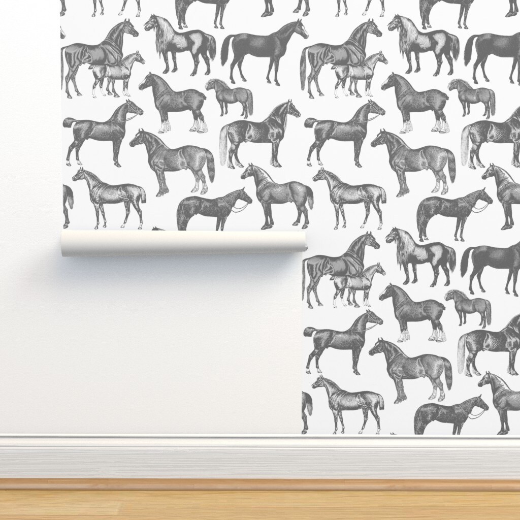 Victorian Horses Large Print Black White Vintage Style Pony Equestrian Custom Pre-pasted Wallpaper by Spoonflower Pre-Pasted Wallpaper 2FT Wide