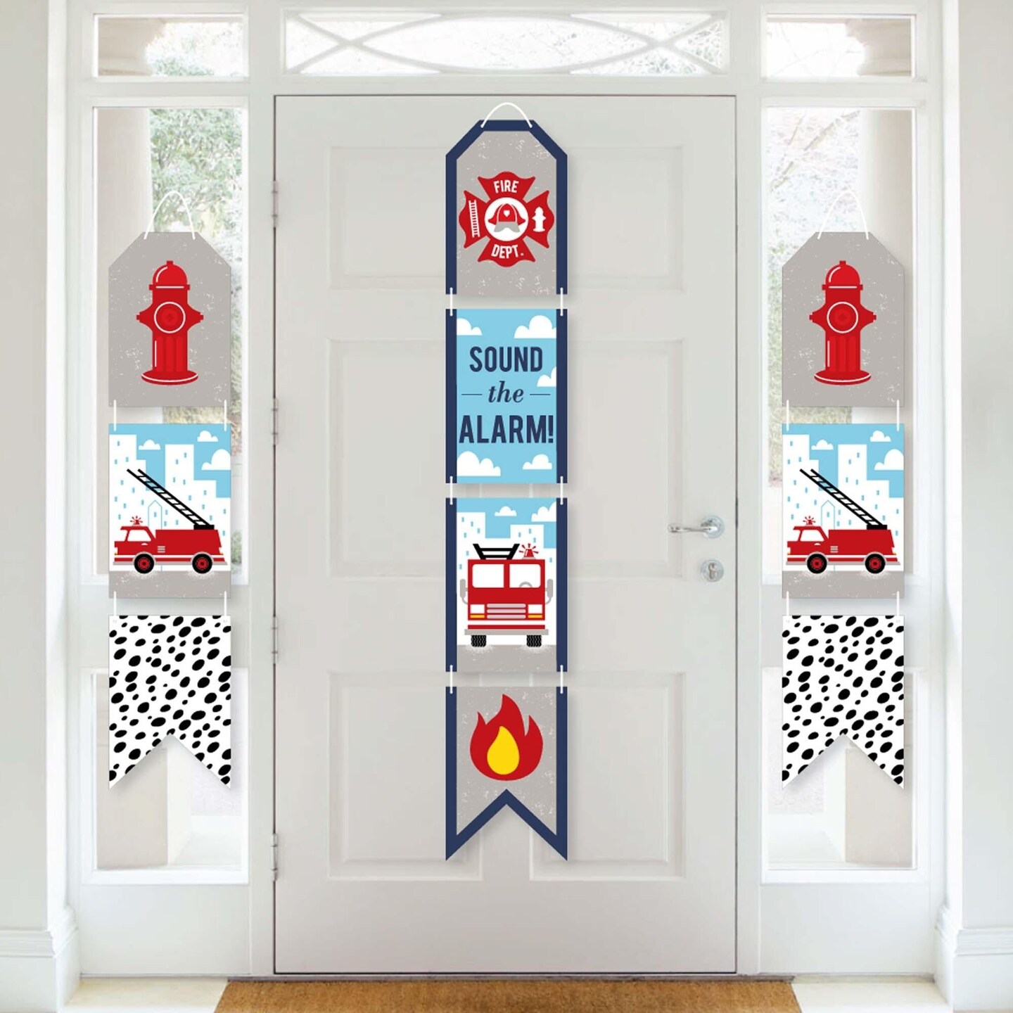 Big Dot of Happiness Fired Up Fire Truck - Hanging Vertical Paper Door Banners - Baby Shower or Birthday Party Wall Decoration Kit - Indoor Door Decor