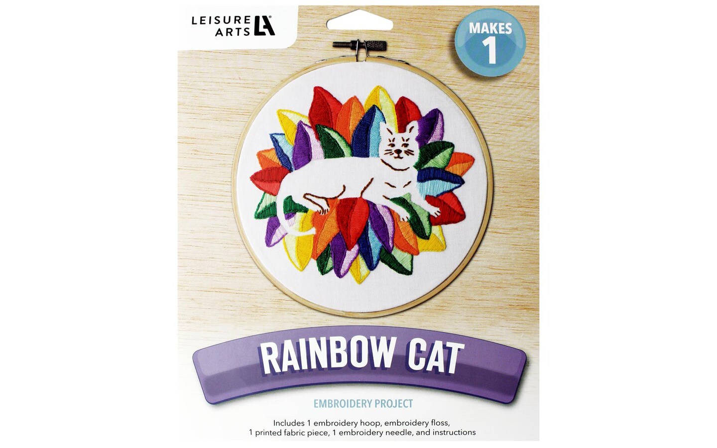 Leisure Arts Embroidery Kit 6 Rainbow Cat - embroidery kit for
