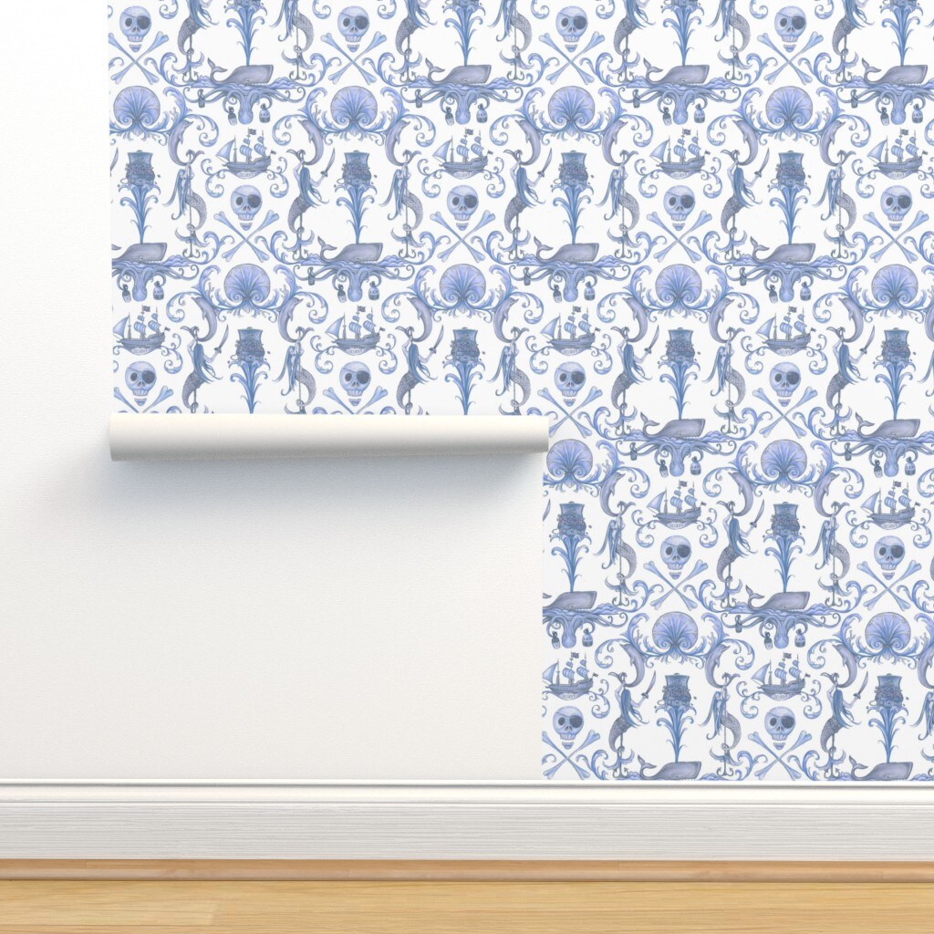 Pre-Pasted Wallpaper 2FT Wide Antique Blue Pirate Octopus Skull Dolphin Mermaid Whale Shell Whimsical Vintage Era Custom Pre-pasted Wallpaper by Spoonflower