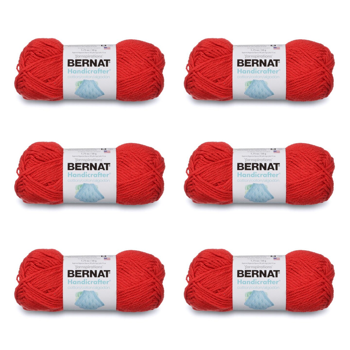 Bernat Handicrafter Cotton Red Yarn - 6 Pack of 50g/1.75oz - Cotton - 4 Medium (Worsted) - 80 Yards - Knitting/Crochet