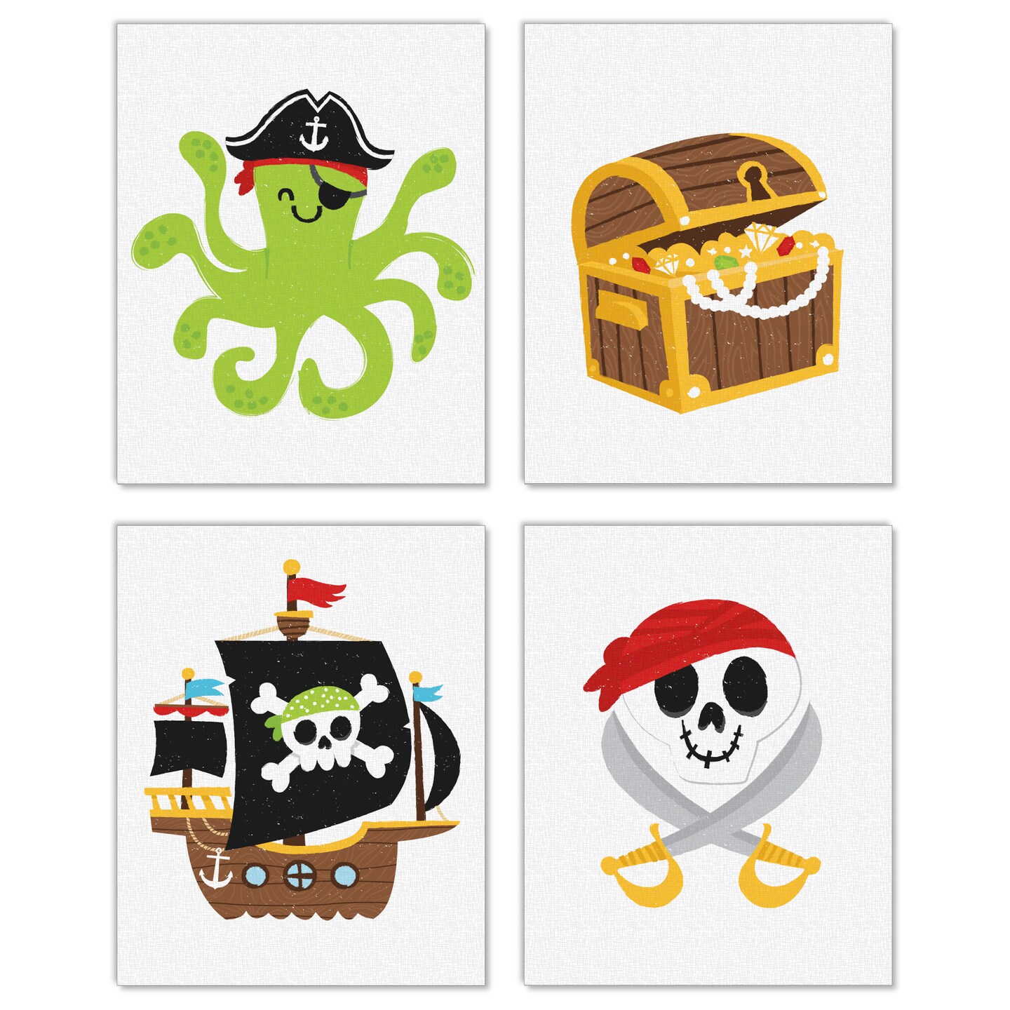 Big Dot of Happiness Pirate Ship Adventures - Unframed Nautical Skull, Treasure Chest, and Octopus Linen Paper Wall Art - Set of 4 - Artisms - 8 x 10"