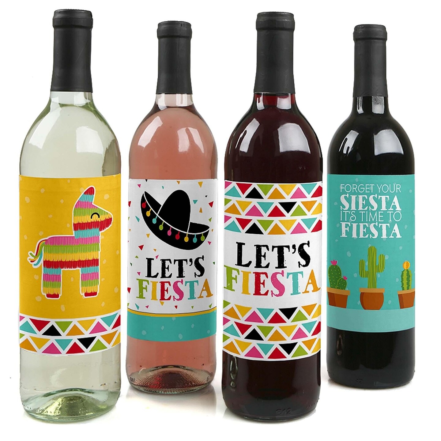 Big Dot of Happiness Let's Fiesta - Fiesta Party Decorations for Women and Men - Wine Bottle Label Stickers - Set of 4