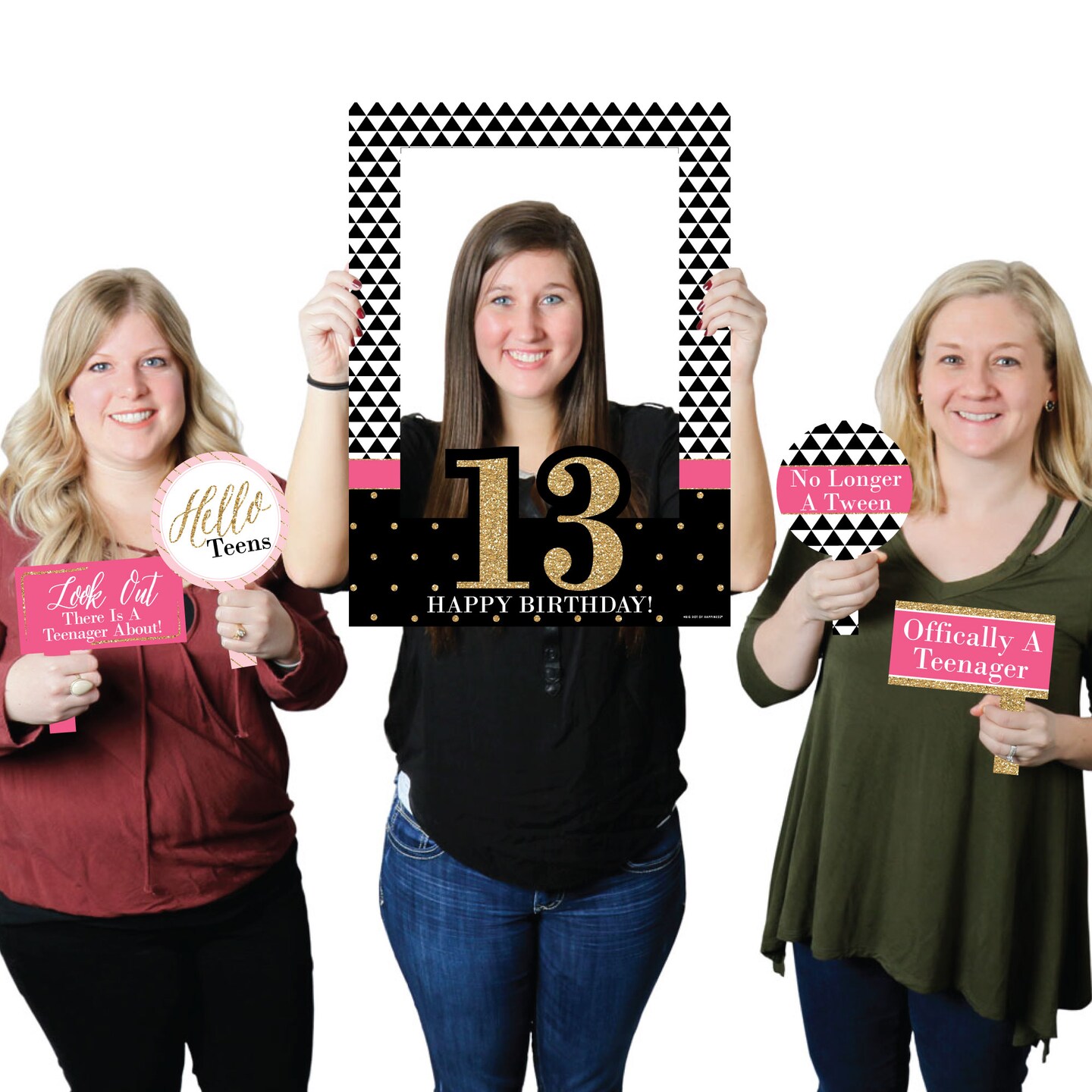 Big Dot of Happiness Chic 13th Birthday - Pink, Black and Gold - Birthday Party Selfie Photo Booth Picture Frame &#x26; Props - Printed on Sturdy Material