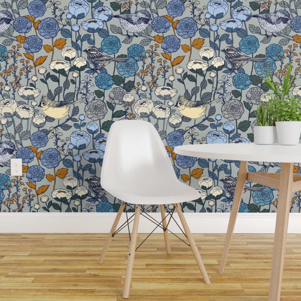 Pre-Pasted Wallpaper 2FT Wide Winter Garden Birds Flowers Snow Day Floral Silver Landscape Botanical Blooms Wedding Custom Pre-pasted Wallpaper by Spoonflower
