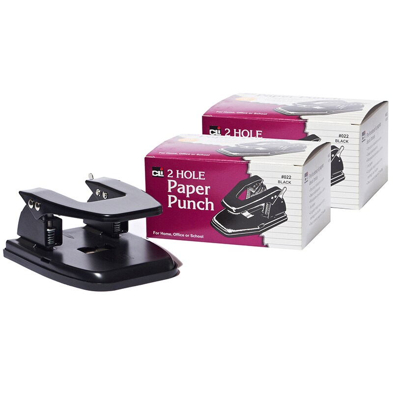 2-Hole Paper Punch, 2 3/4 Center, 30 Sheet Capacity, Black, Pack Of 2