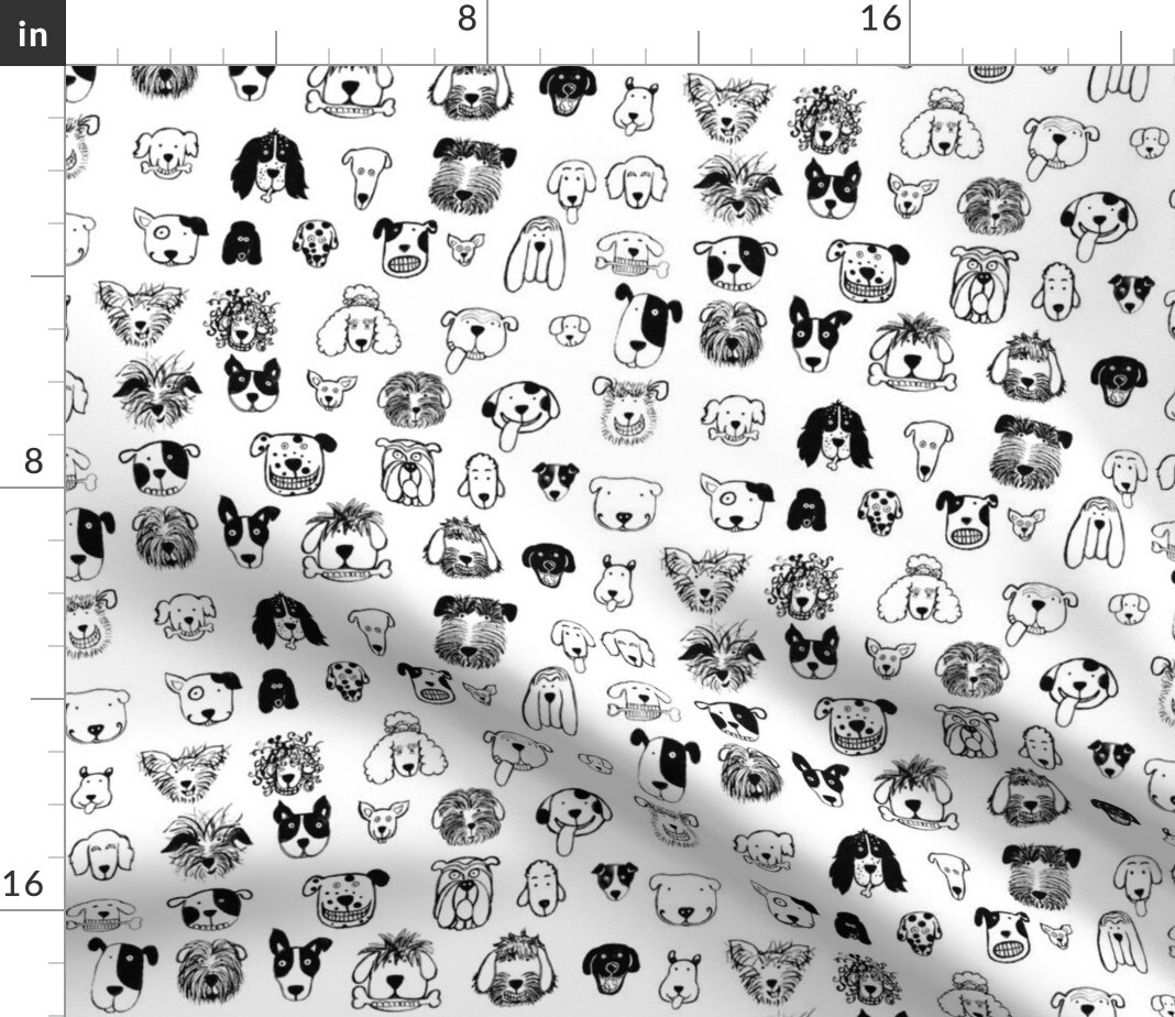 Dog Doodles Black Ink Dogs Happy Faces Whimsical Kids Decor Custom Printed Fabric by Spoonflower Various Fabrics by the Yard or Fat Quarter