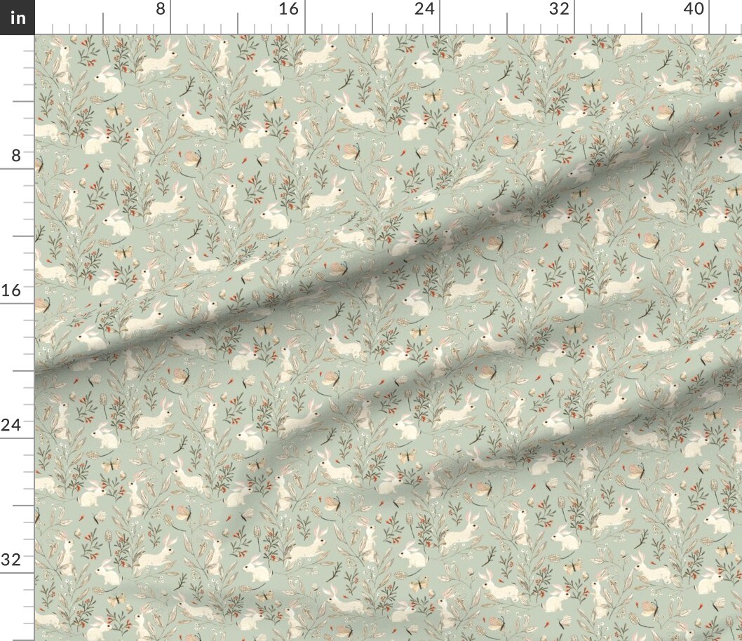 Whimsical Bunnies Easter Bunny Woodland Animals Forest Butterflies Sage Green Custom Printed Fabric by Spoonflower Various Fabrics by the Yard or Fat Quarter