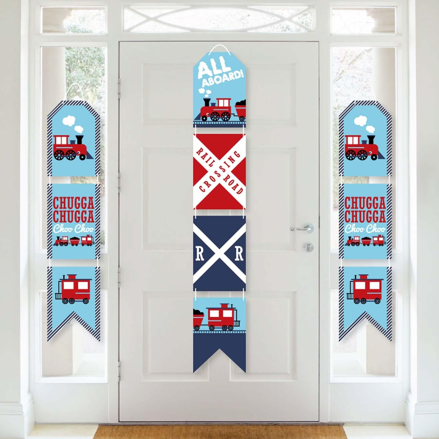 Big Dot of Happiness Railroad Party Crossing - Hanging Vertical Paper Door Banners - Steam Train Party Wall Decor Kit- Indoor Door Decor