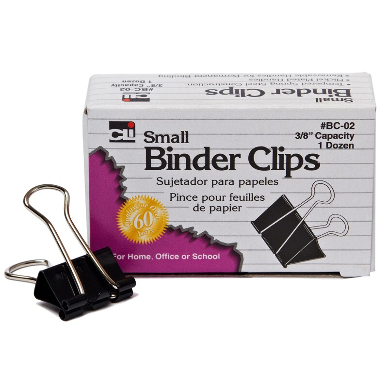 Binder Clips, Small, 3/8&#x22; Capacity, Box of 12