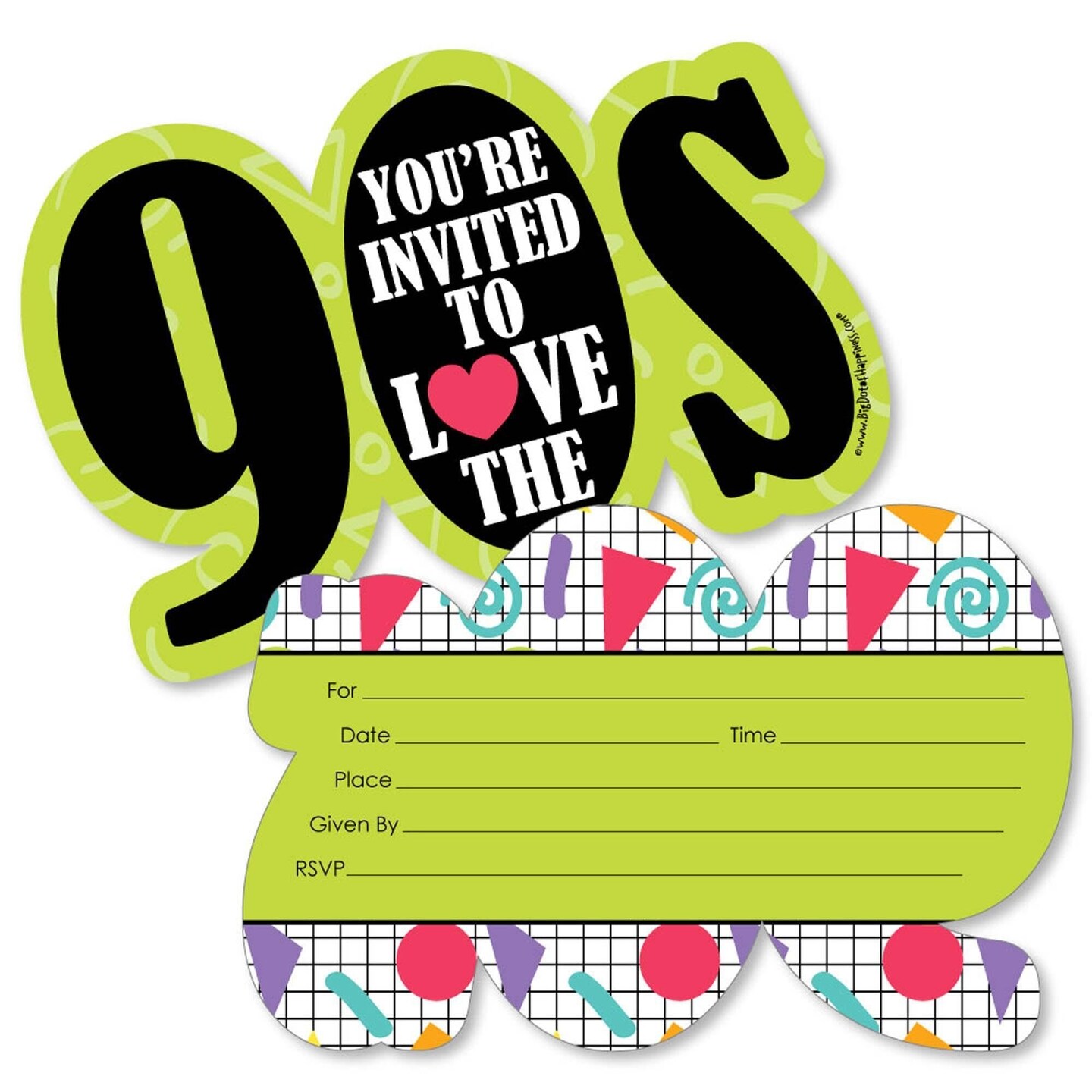 Big Dot of Happiness 90&#x27;s Throwback - Shaped Fill-in Invitations - 1990s Party Invitation Cards with Envelopes - Set of 12