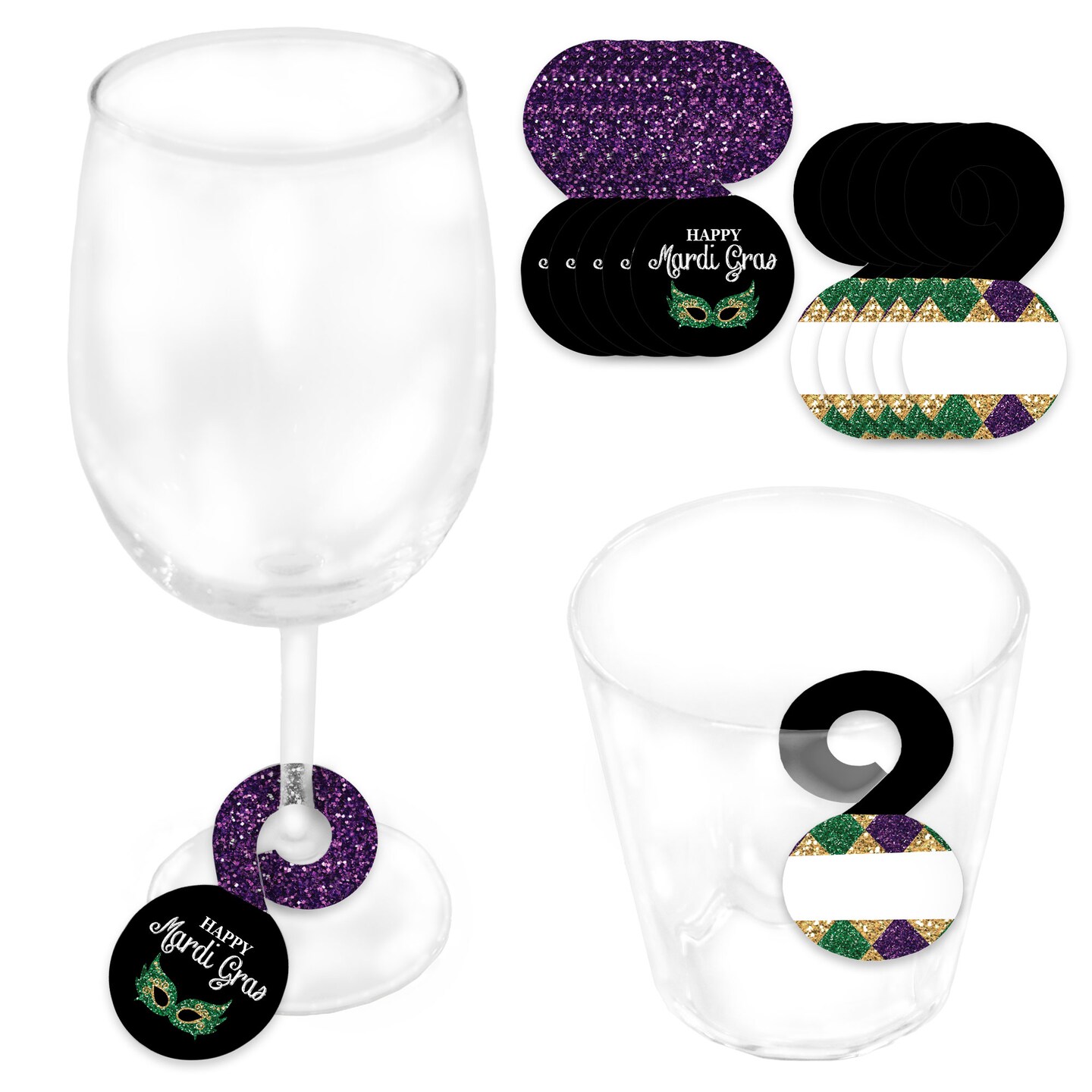 Big Dot of Happiness Mardi Gras - Masquerade Party Paper Beverage Markers for Glasses - Drink Tags - Set of 24