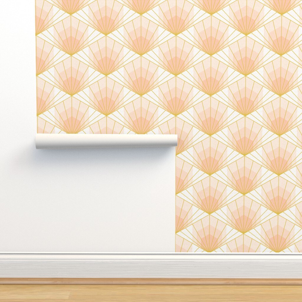Deco Sunrise Scale Apricot Shaw Pink White Retro Gold Geometric Neutral Custom Pre-pasted Wallpaper by Spoonflower Pre-Pasted Wallpaper 2FT Wide