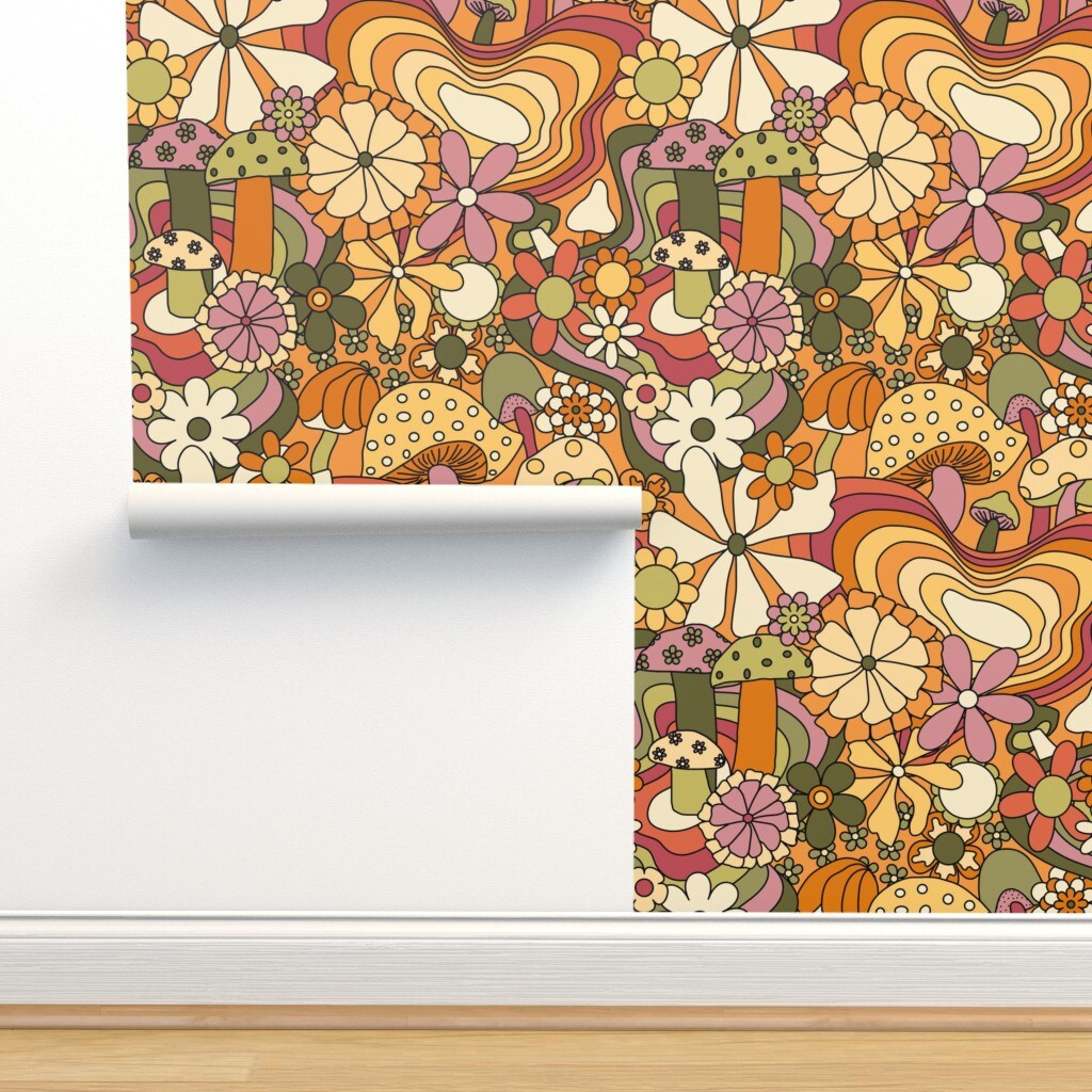 Retro Vintage Floral Hippie Groovy 70S 60S Bohemian Boho Daisy Custom Pre-pasted Wallpaper by Spoonflower Pre-Pasted Wallpaper 2FT Wide
