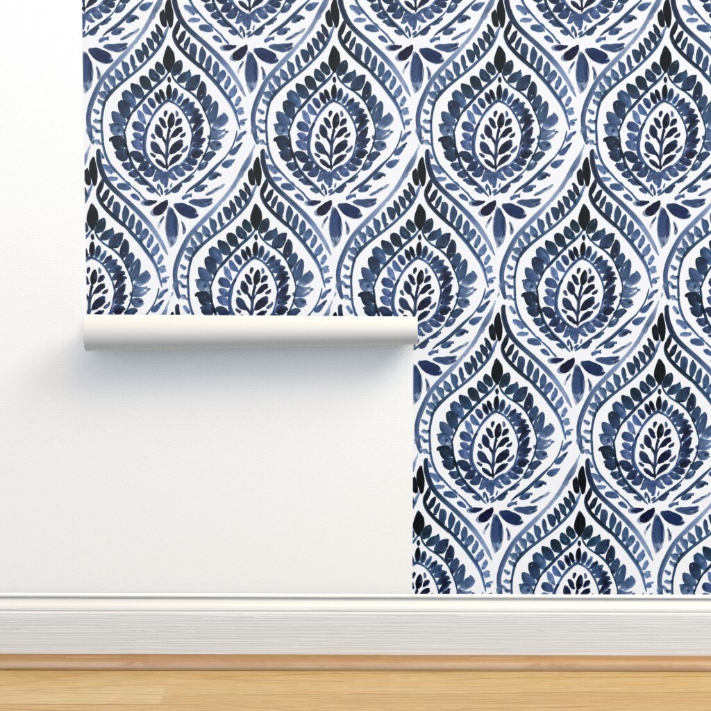 Bohemian Leaf Mandala Dark Indigo Blue Boho Botanical Leaves Custom Removable Wallpaper by Spoonflower Peel & Stick Wallpaper 2FT Wide