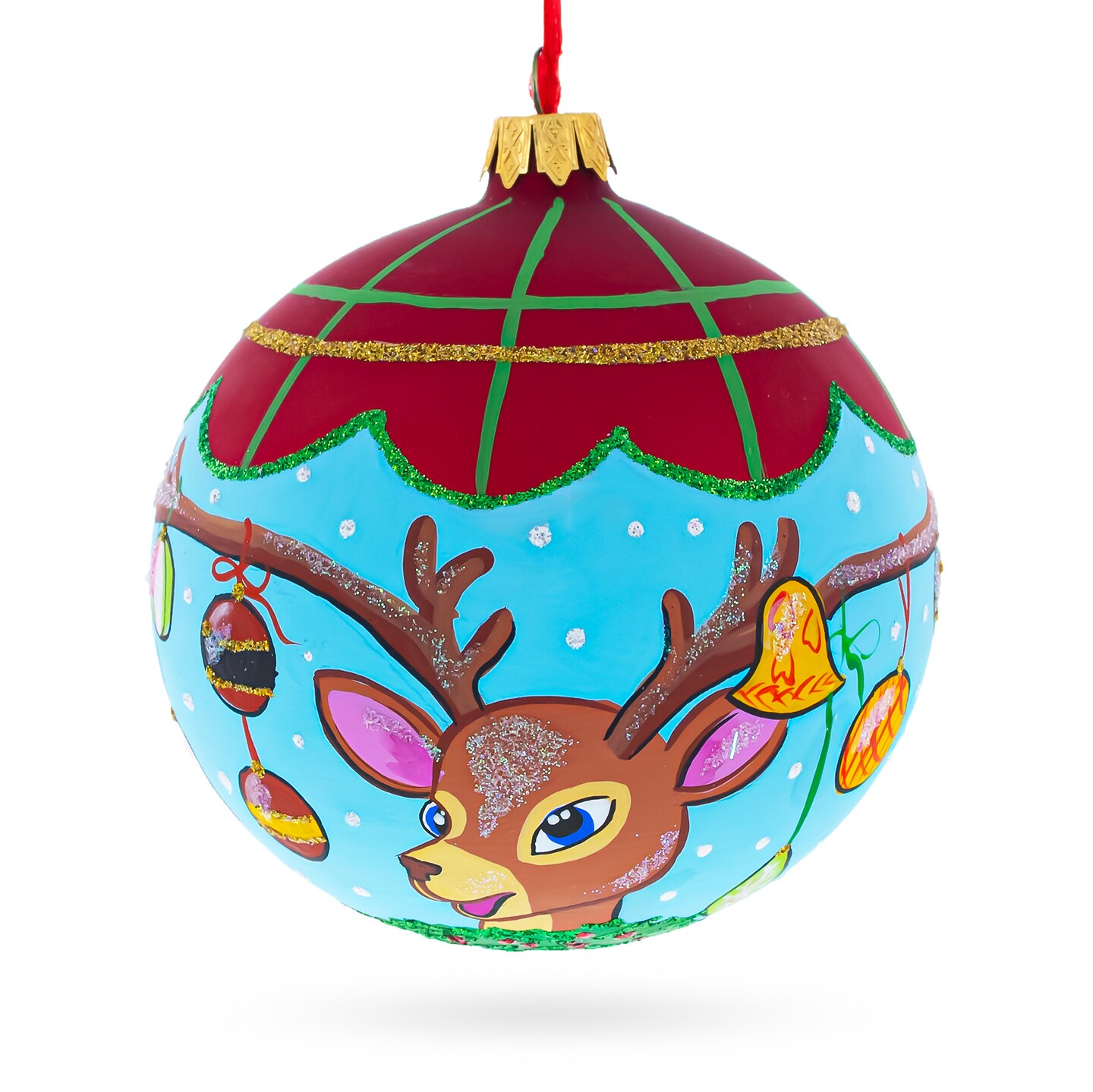 Decorated Deer Horns Glass Ball Christmas Ornament 4 Inches