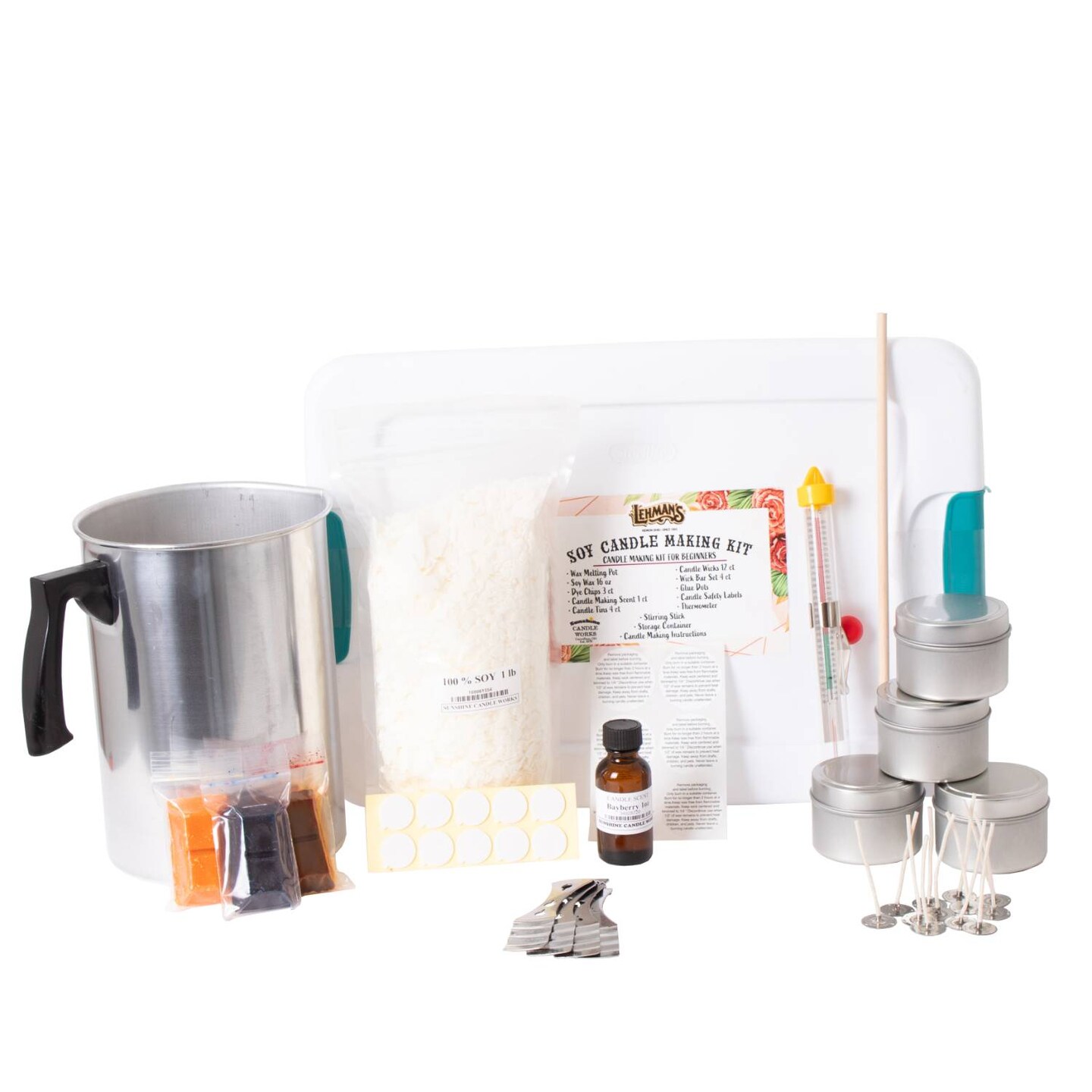 Lehman's Soy Candle Making Kit for Beginners, Complete Set, Makes four 2.5 oz Gift Size Candle Tins, Scented